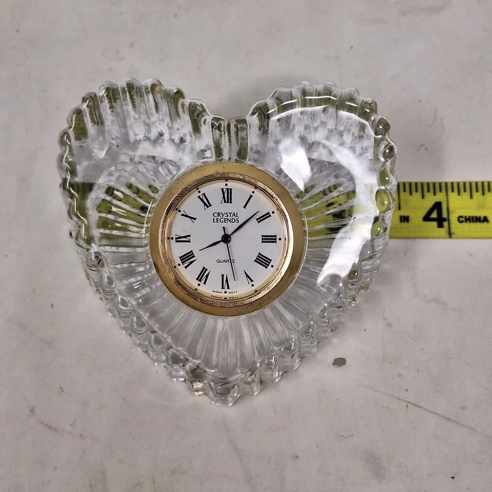 Vintage Godinger Lead Crystal Legends Heart Shaped Desk Clock Gold Bezel Decor